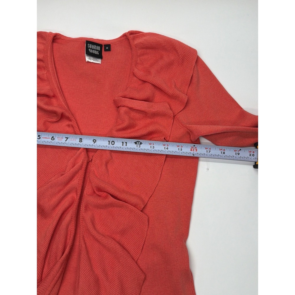 Sharon Young Womens Coral Silk Ruffle Front Ribbed 3/4 Sleeve Cardigan Small NWT - Picture 6 of 11